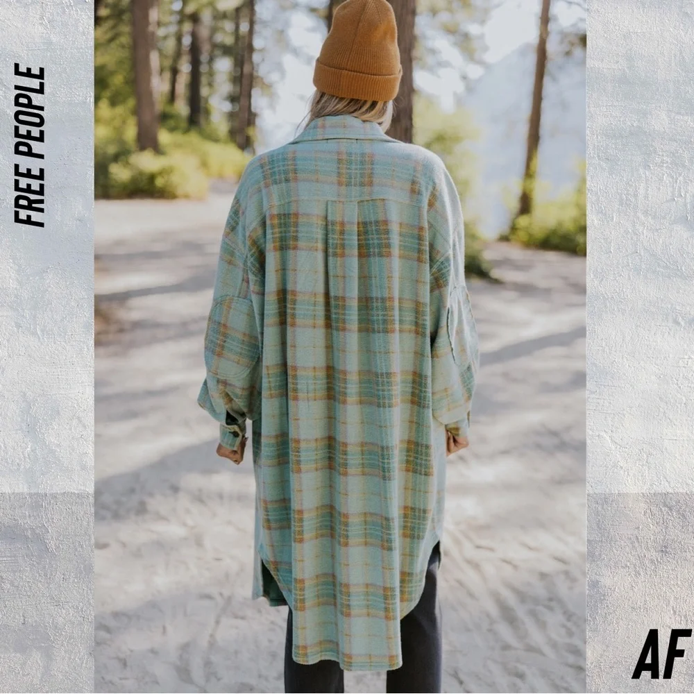 FREE PEOPLE LONG RUBY PLAID JACKET IN GREEN COMBO NEW LARGE - Picture 4 of 8